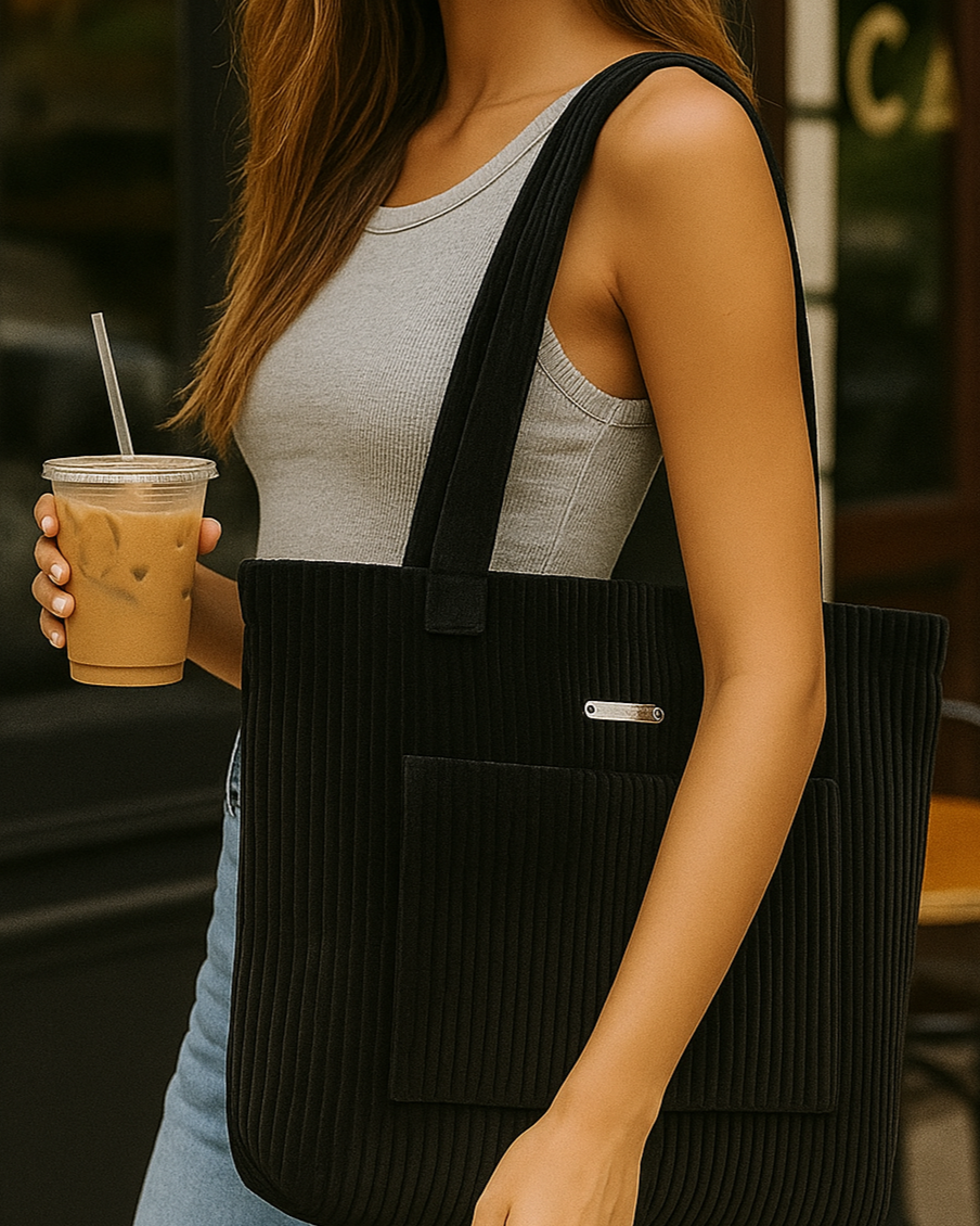 Woman holding a black tote bag and a drink in an outdoor cafe setting