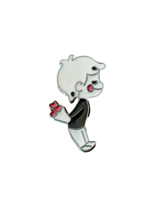 Boy Hiding Flowers of Hearts Enamel Pin