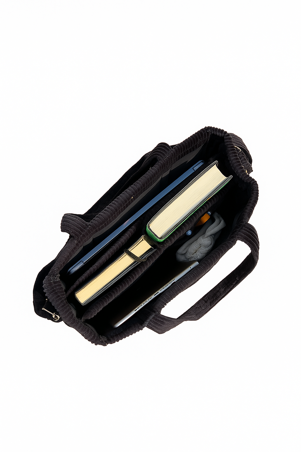 Black organiser bag with a shoulder strap and a crossbody strap on a white background