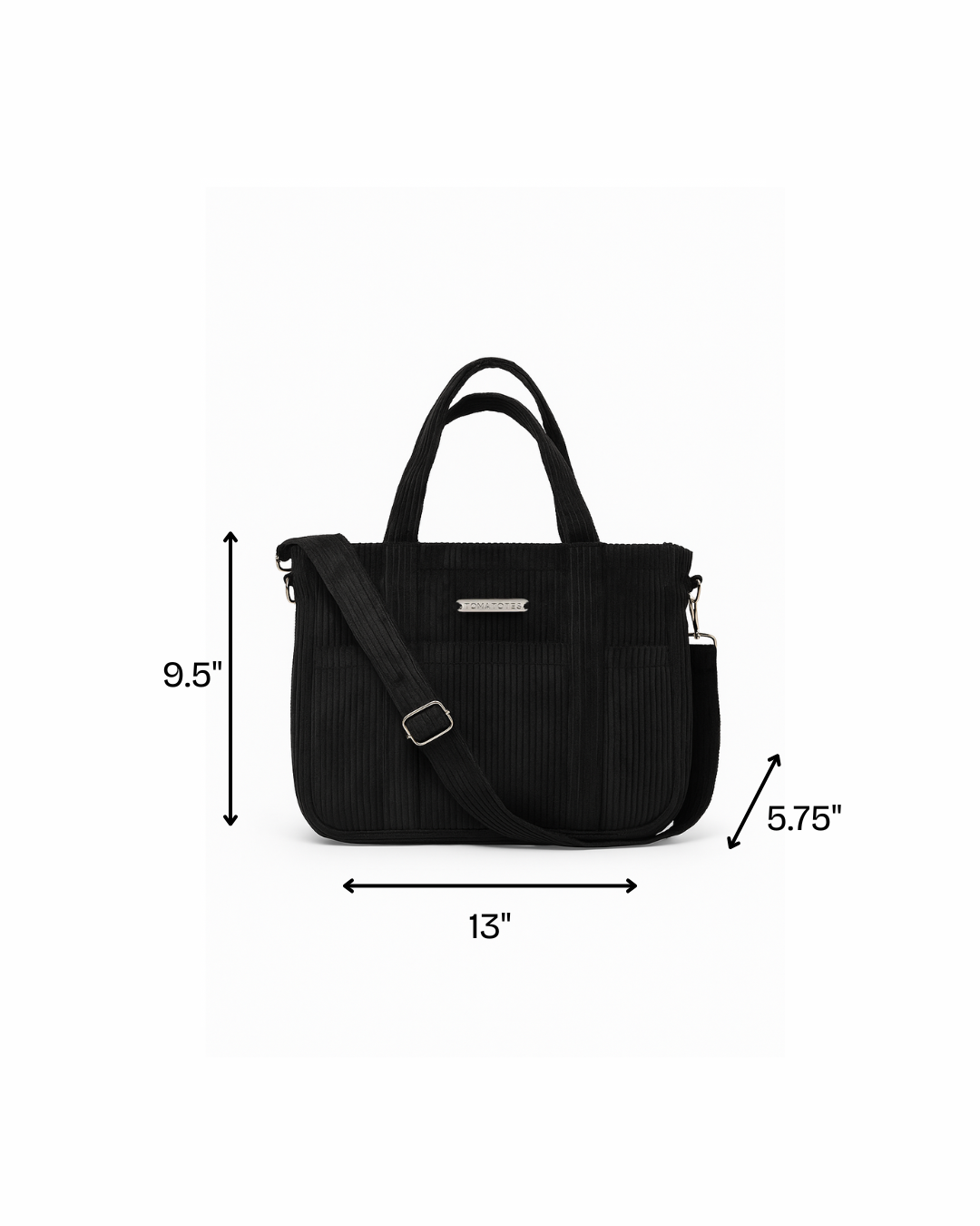 Black organiser bag with a shoulder strap and a crossbody strap on a white background size specifications
