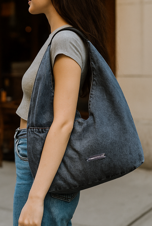 Person carrying a denim bag outdoors
