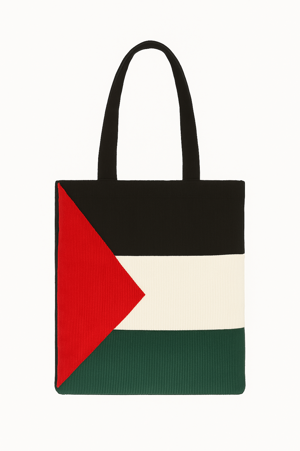 Tote bag with a flag design featuring red, black, white, and green on a white background
