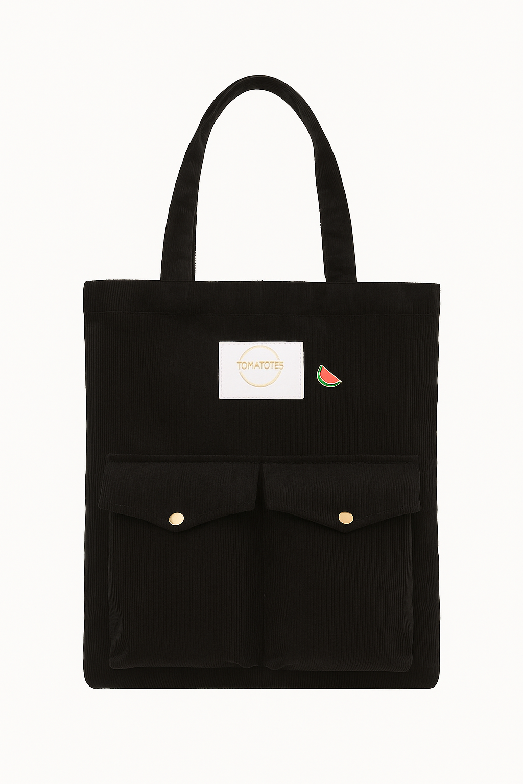 Black tote bag with a small logo on a white background